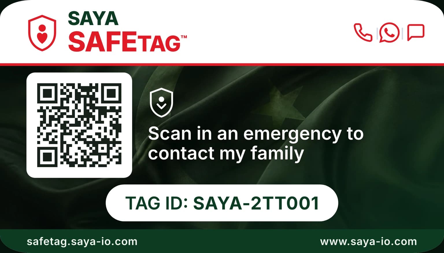 Saya SafeTag personal QR card, tag ID SAYA-2TT001