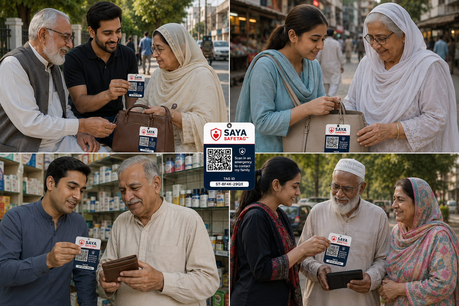Younger family members showing Saya SafeTags on the bags and wallets of elderly parents across Pakistani streets