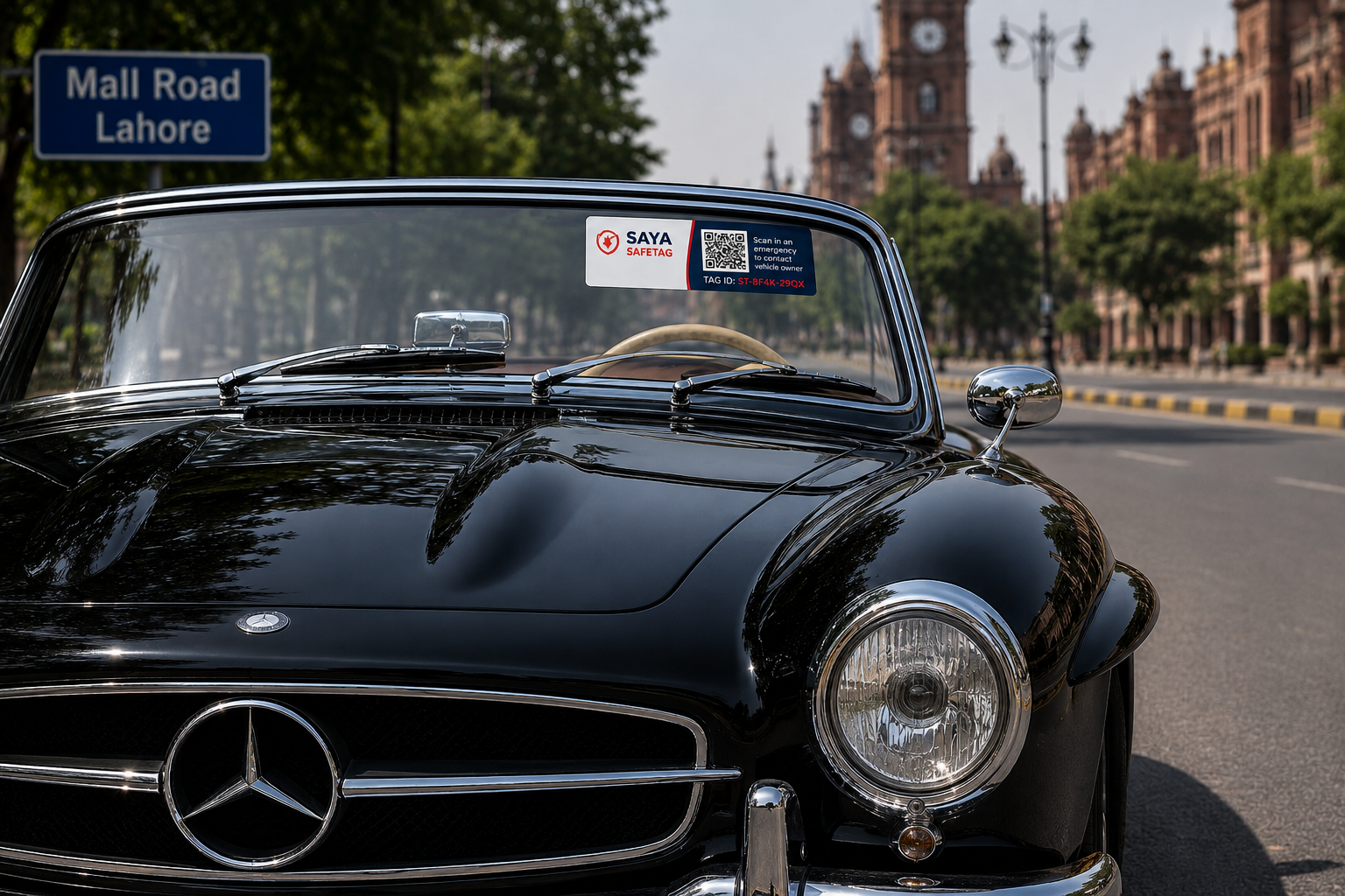 Black Mercedes 300 SL roadster with a Saya SafeTag on the windscreen, parked on Mall Road, Lahore