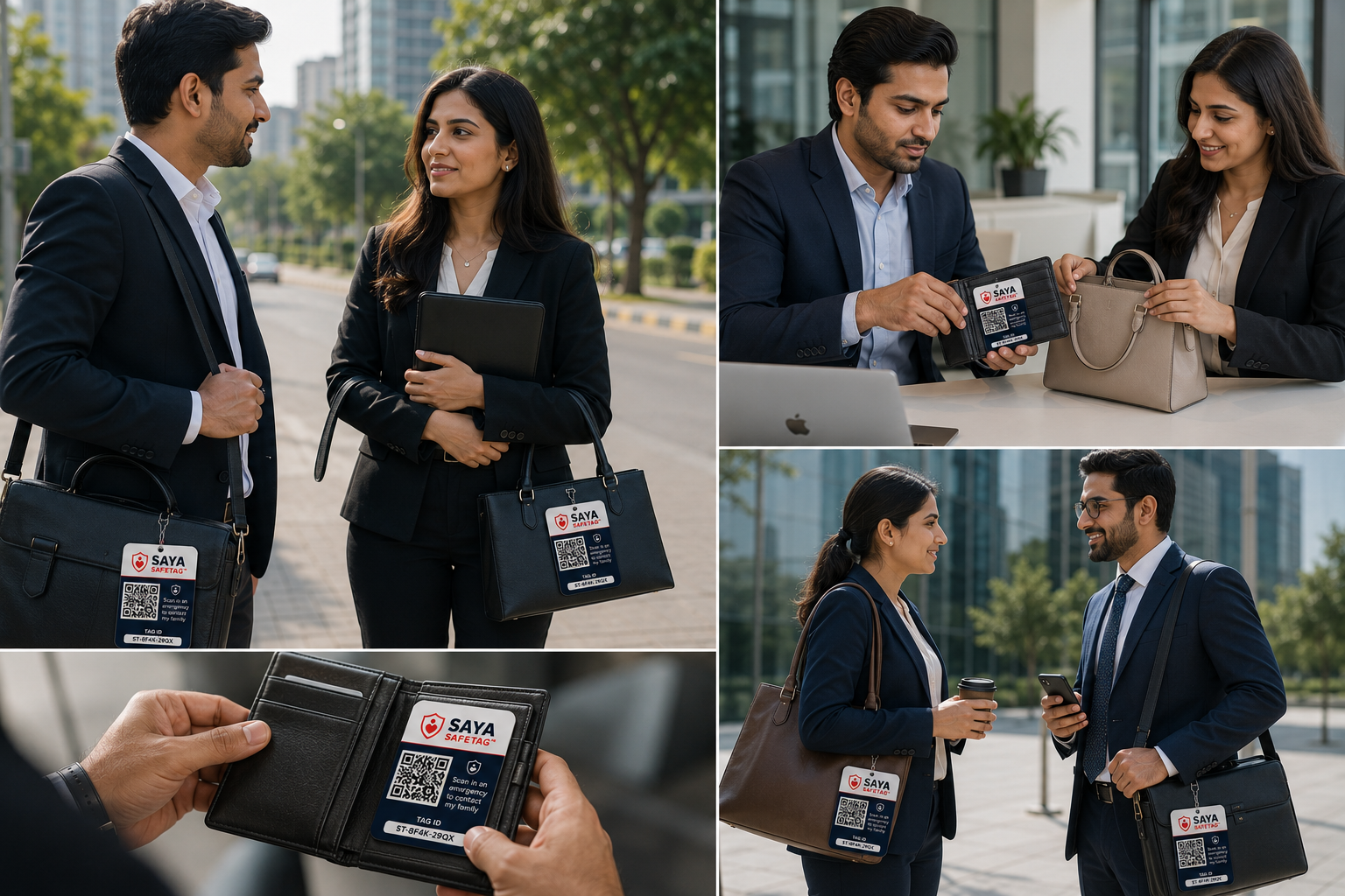 Pakistani professionals with Saya SafeTags on briefcases, handbags and wallets in corporate settings