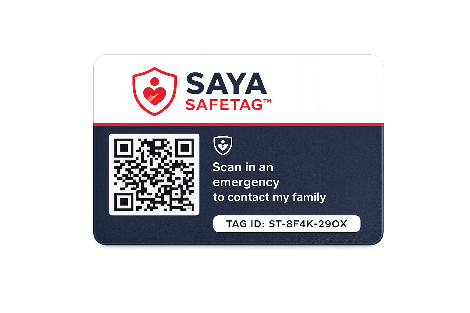 Saya SafeTag personal QR card, tag ID ST-8F4K-29OX