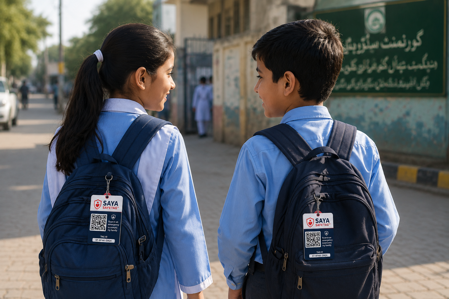 Two schoolchildren walking to a government school with Saya SafeTags clipped to their backpacks