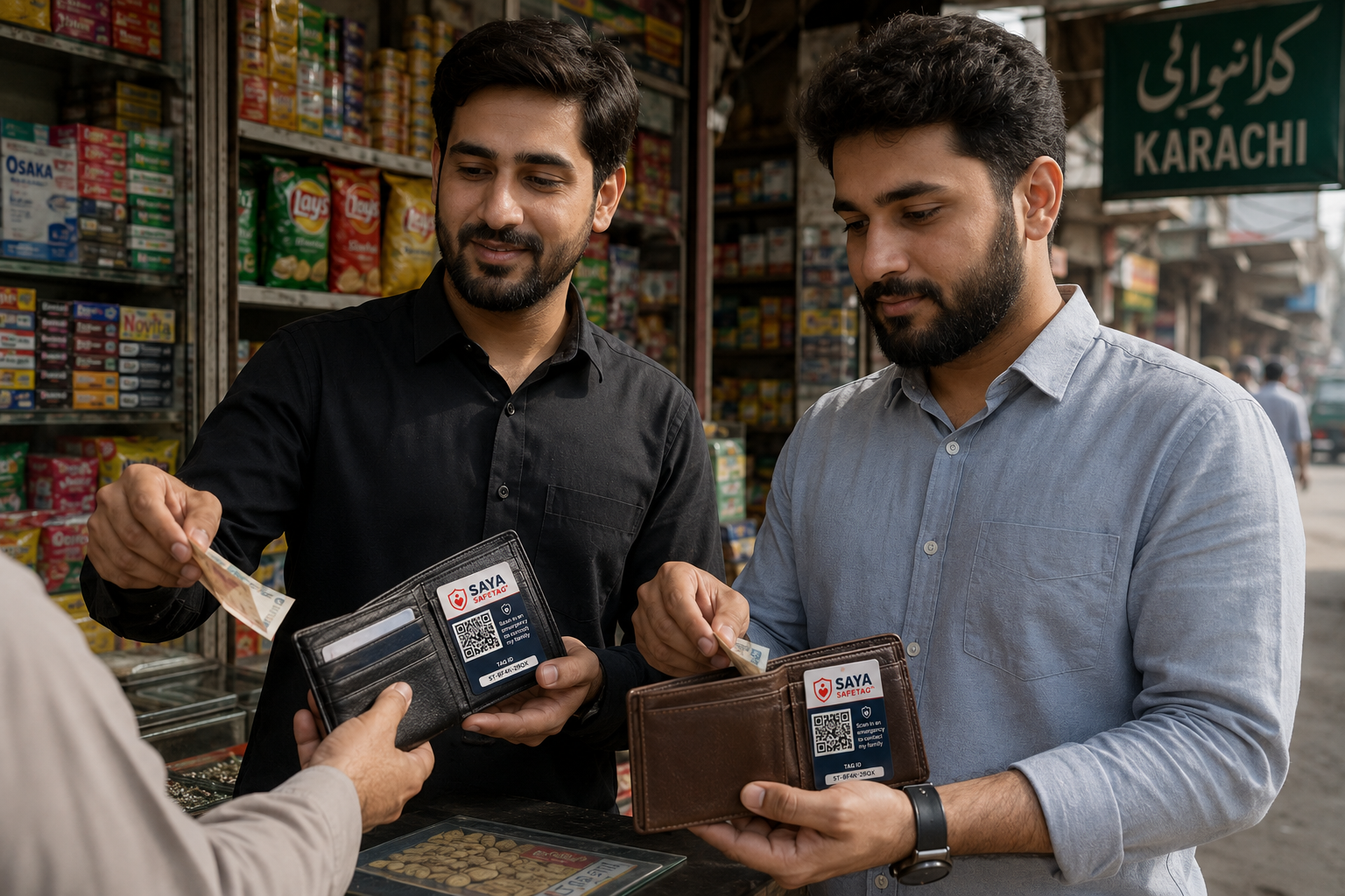 Two men at a Karachi shop, each with a Saya SafeTag tucked into their wallet