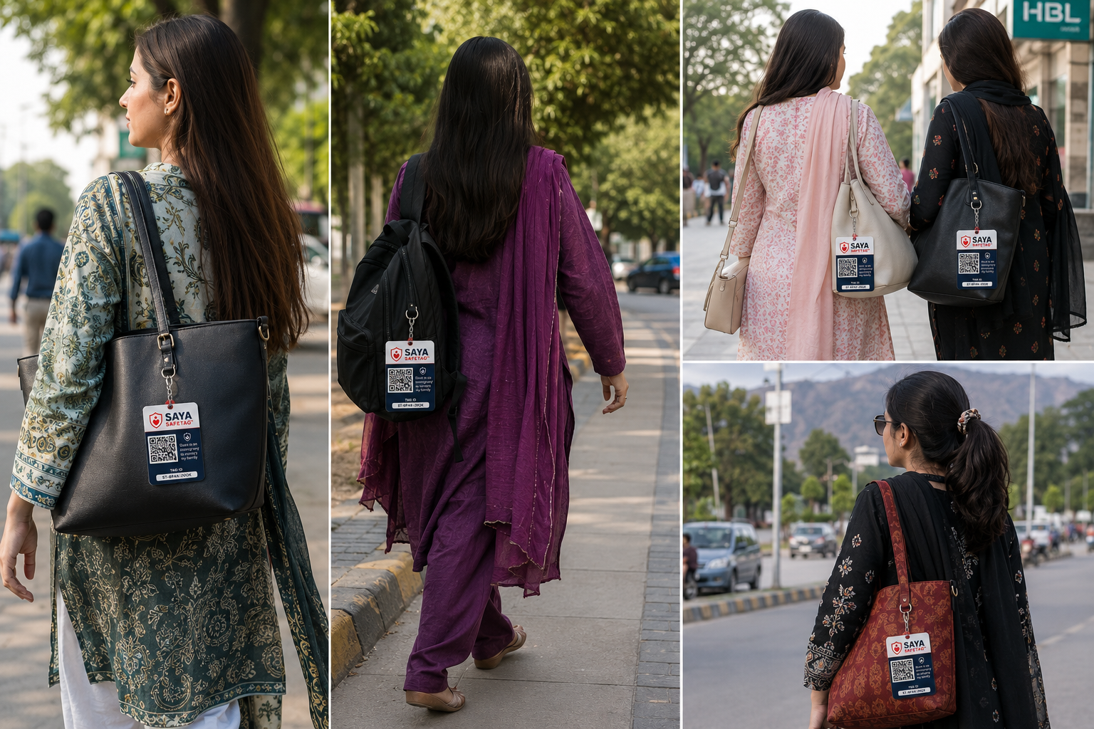 Women across Pakistani cities with Saya SafeTags clipped to their handbags and backpacks
